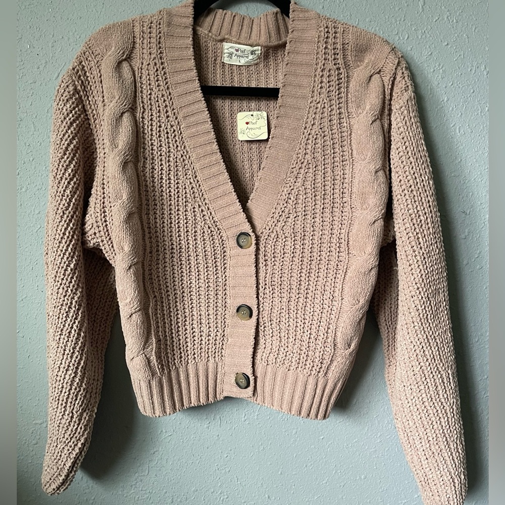 NWT Poof Apparel Chunky Cable Knit Cardigan Sweater, Dusty Pink